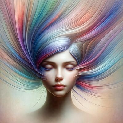 The primary subject of the image is a woman with a colorful, rainbow-colored hairstyle. She is the main focus of the image, and her unique hairstyle stands out. The setting is a colorful background, which complements the vibrant colors of her hair. The visual style of the image is a digital art or illustration, showcasing the woman's hair in a detailed and artistic manner. The colors and mood of the image are lively and cheerful, with the woman'